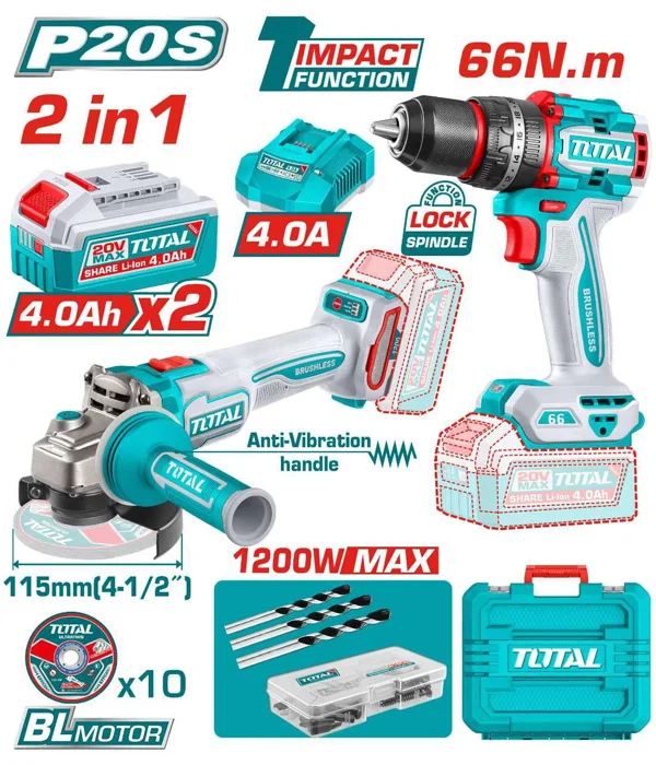 Kit esmerilhadeira e furadeira de impacto Total 20 V TCKLI20256